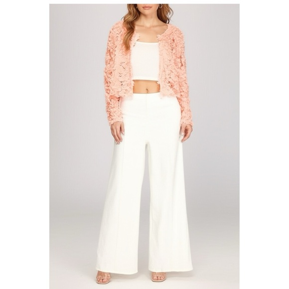 She + Sky Long Sleeve 3D Mesh Short Jacket Cardigan Flower appliqué in Pink - Picture 12 of 12